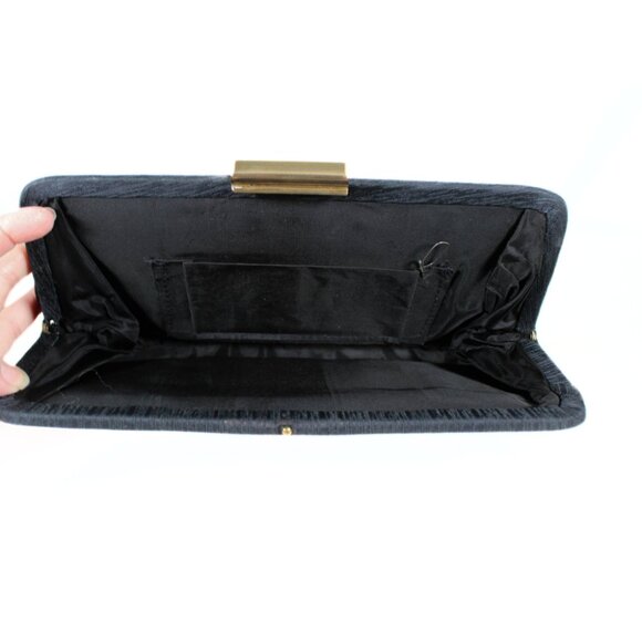 Vintage 1960s Navy Slubbed Linen Clutch Gold Lever Closure Textured Fabric - Picture 7 of 11